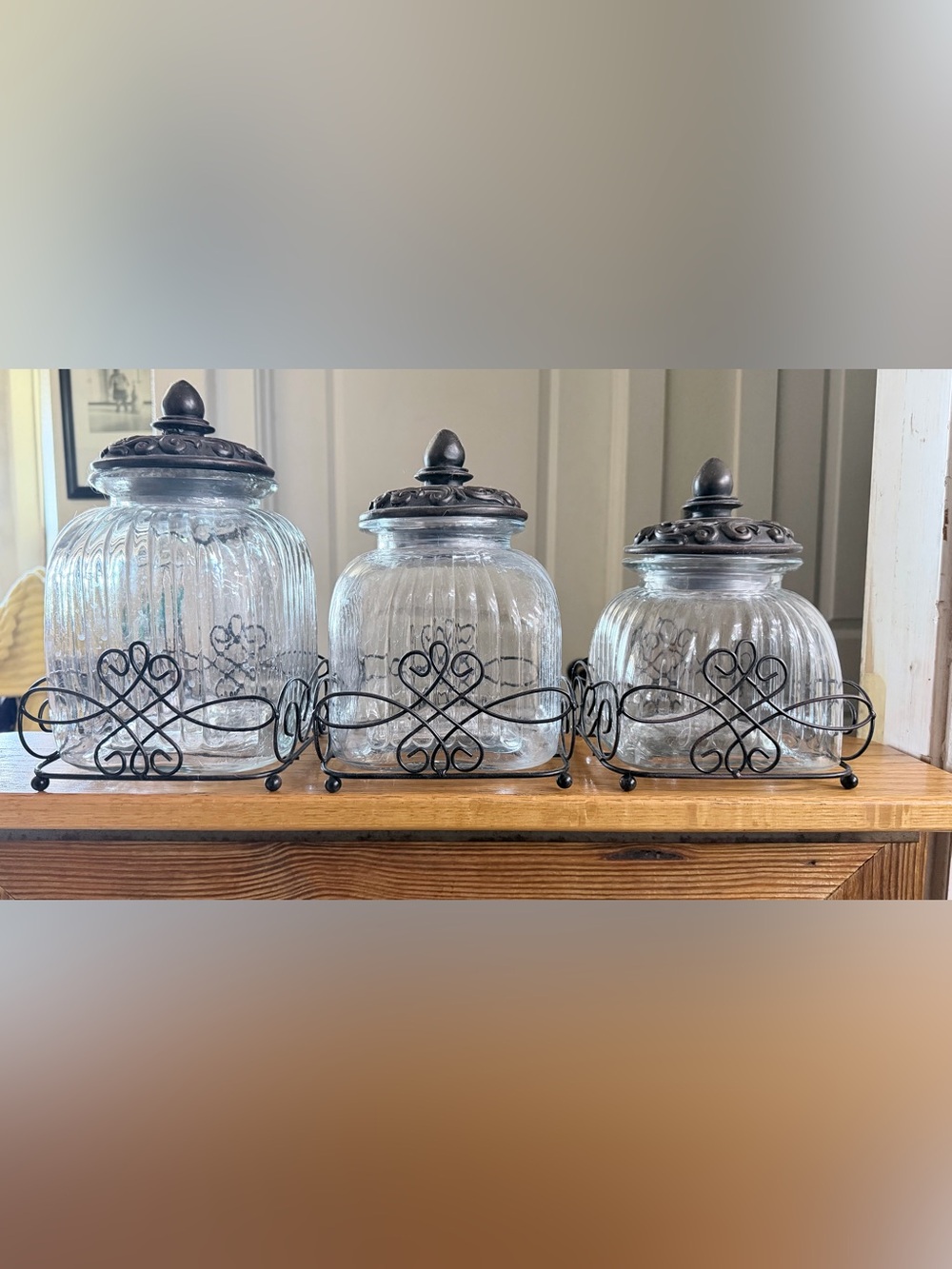Glass Cookie Jar with Decorative Metal Lid and Holder - Clear and Dark Bronze
